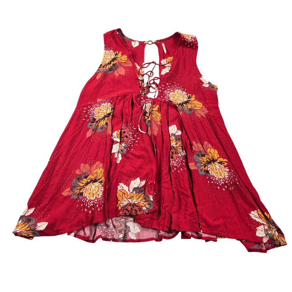 Free People Mini Dress Red Small Floral Lace Up V-Neck Sleeveles Boho OB542520